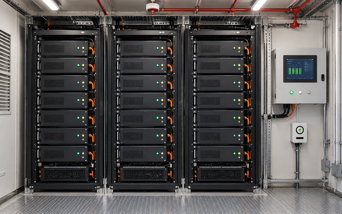 Battery module racks inside an energy storage enclosure with monitoring and detection equipment