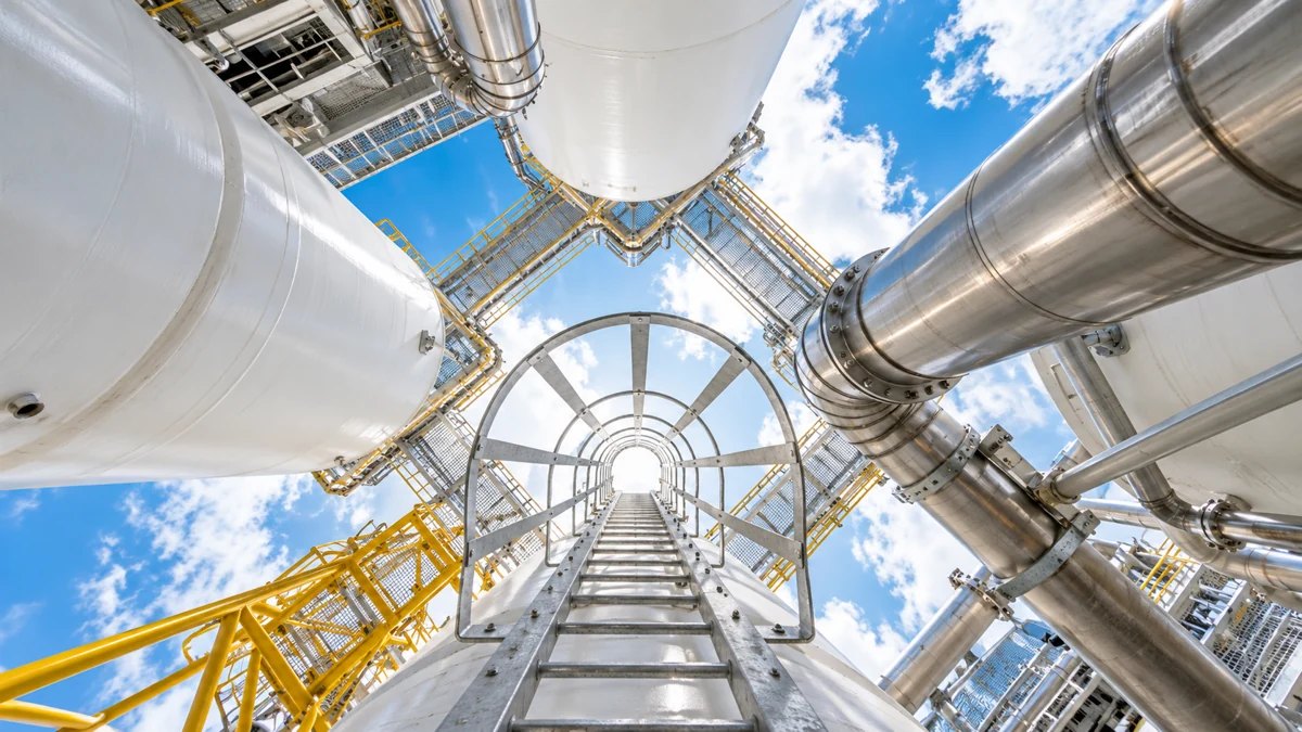 Hydrogen storage vessels, pipework and an access ladder viewed from below