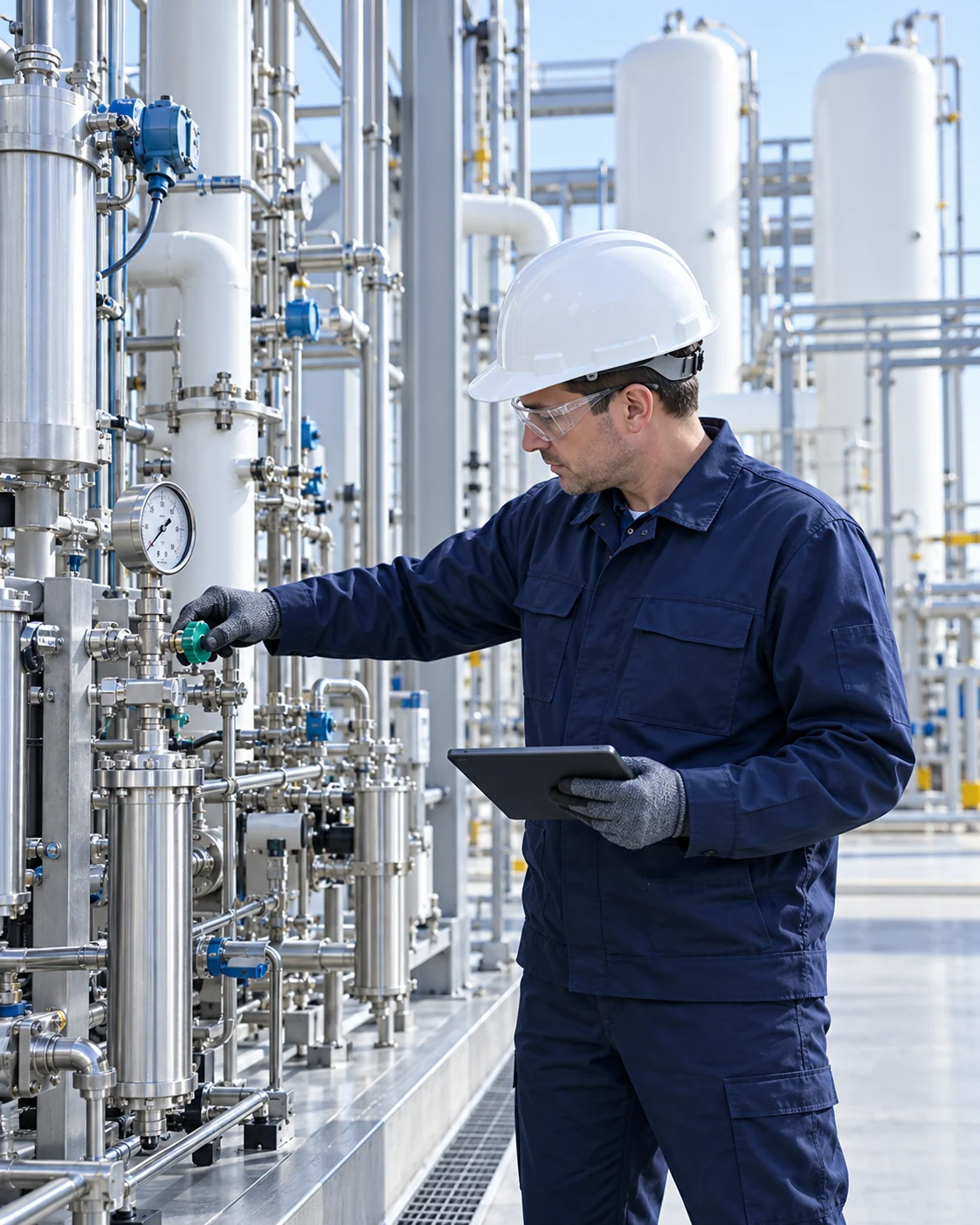 Technician inspecting valves on a hydrogen process skid